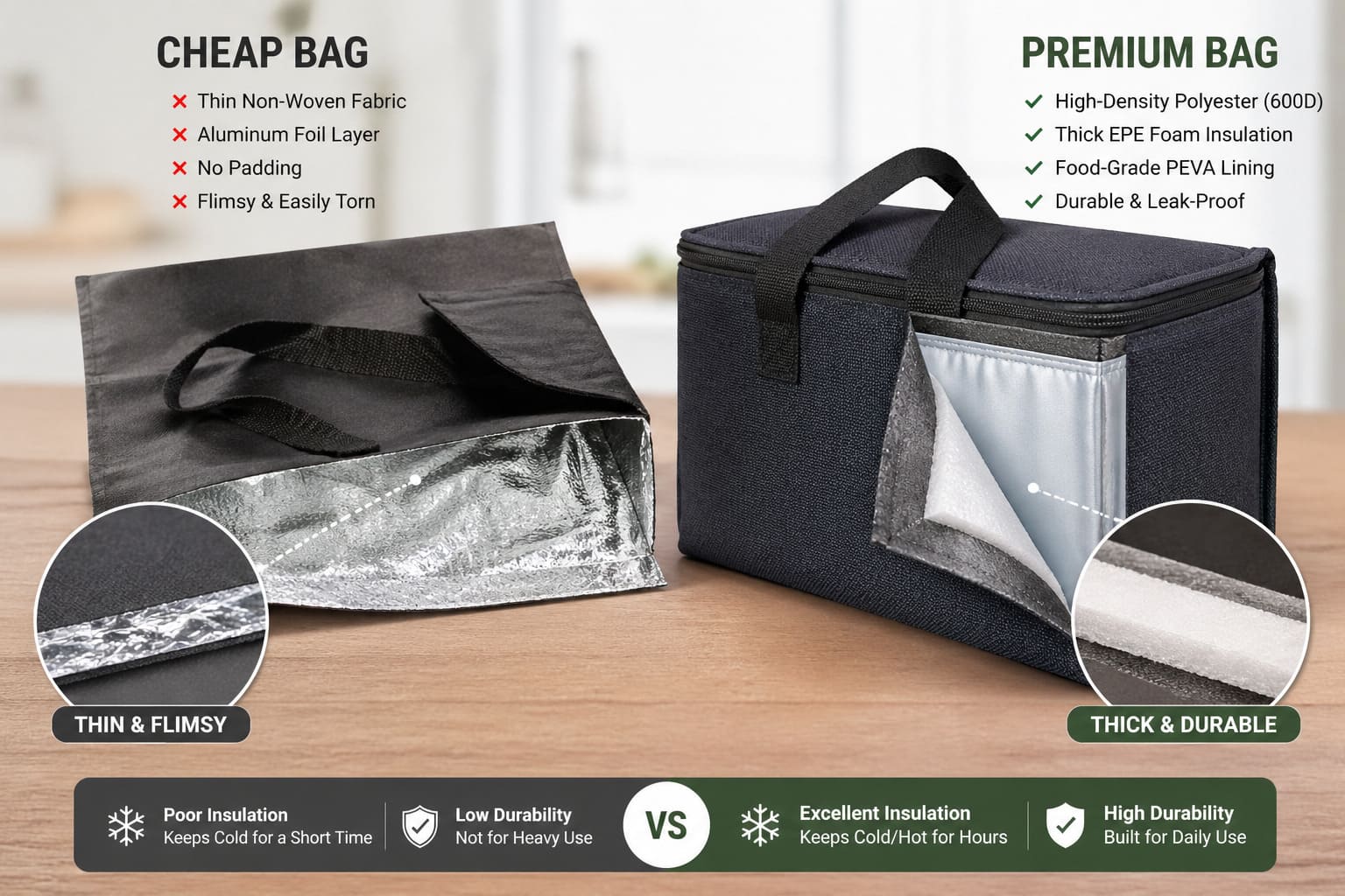 A cheap insulated bag next to a premium one, showing the difference in thickness and material quality