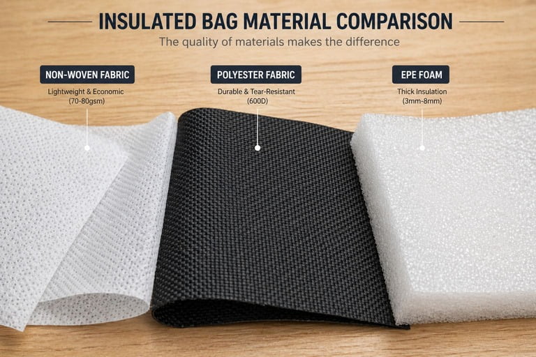 Close-up shot of different bag materials: non-woven fabric, polyester, and EPE foam