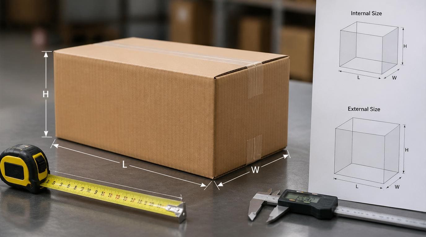 A detailed technical drawing of a box with dimension lines.