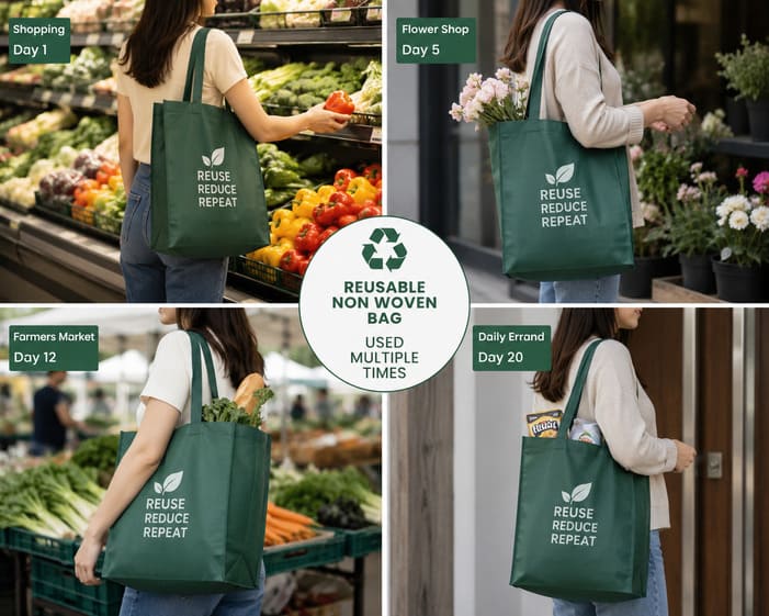 Reusable cotton tote bags replacing single-use plastic bags in retail