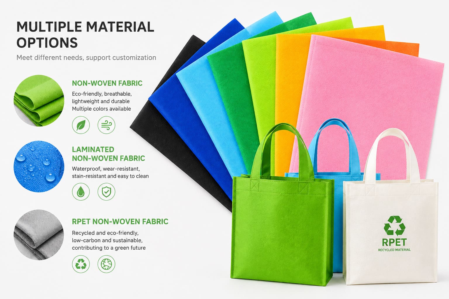 Non-woven fabric material swatches showing PP, RPET and laminated options
