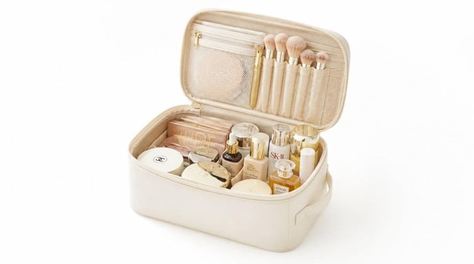 Large Capacity Makeup Bag A large capacity makeup bag filled with cosmetics