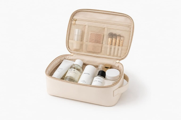 Travel Makeup Bag A travel makeup bag packed for a trip