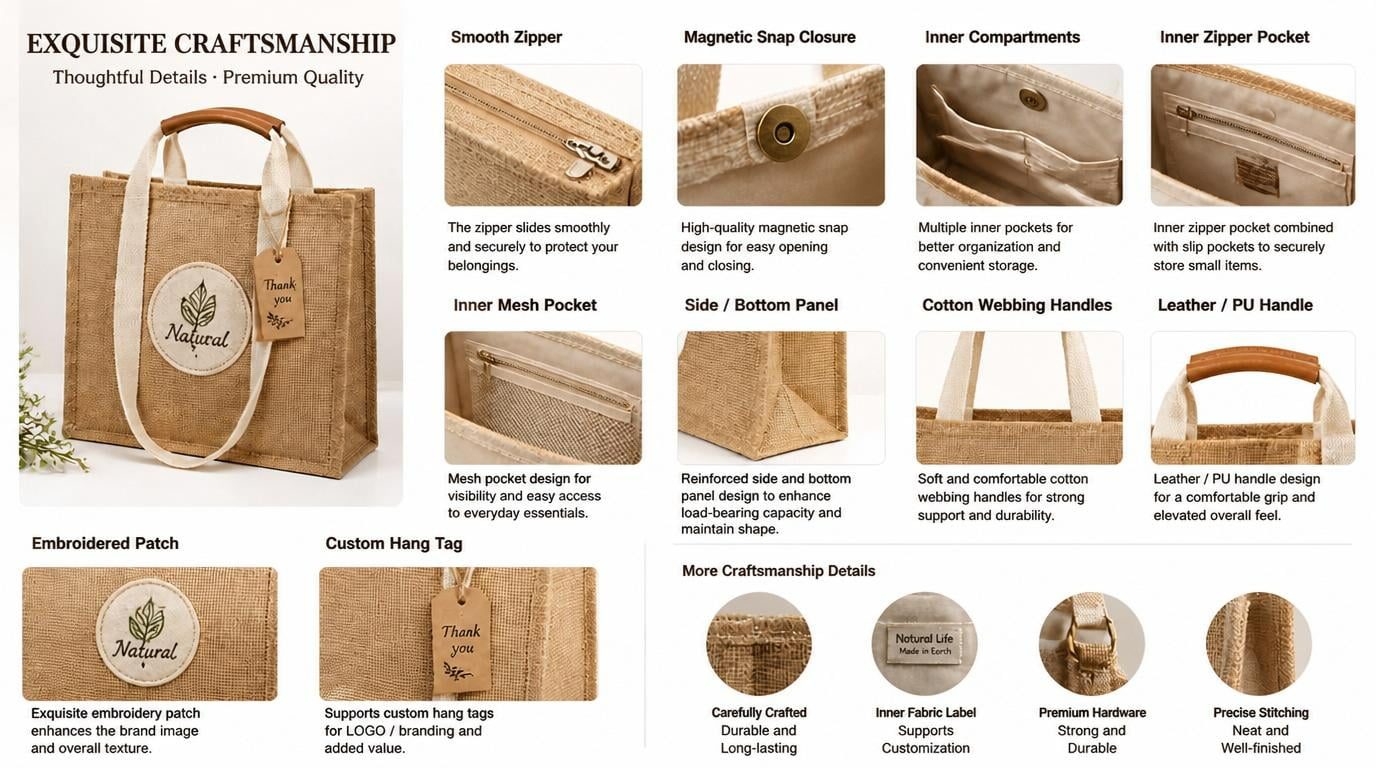 Jute bag with zipper closure, inner lining, reinforced handles and pockets