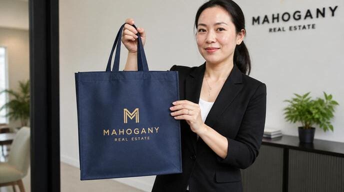 A business owner holding a branded non-woven bag