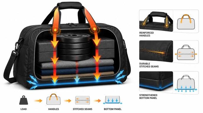 Diagram showing weight distribution in a nylon duffel bag