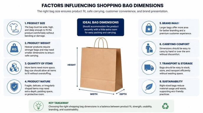 Factors influencing shopping bag dimensions like product size and weight