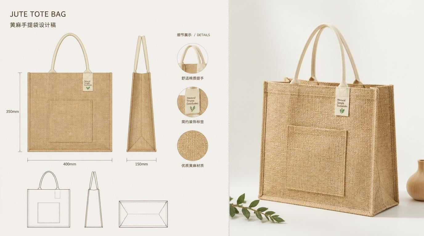 Technical diagram showing jute bag size and structure customization