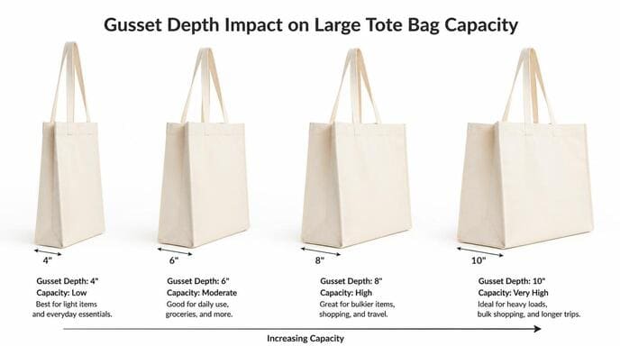 Gusset depth impact on large tote bag capacity
