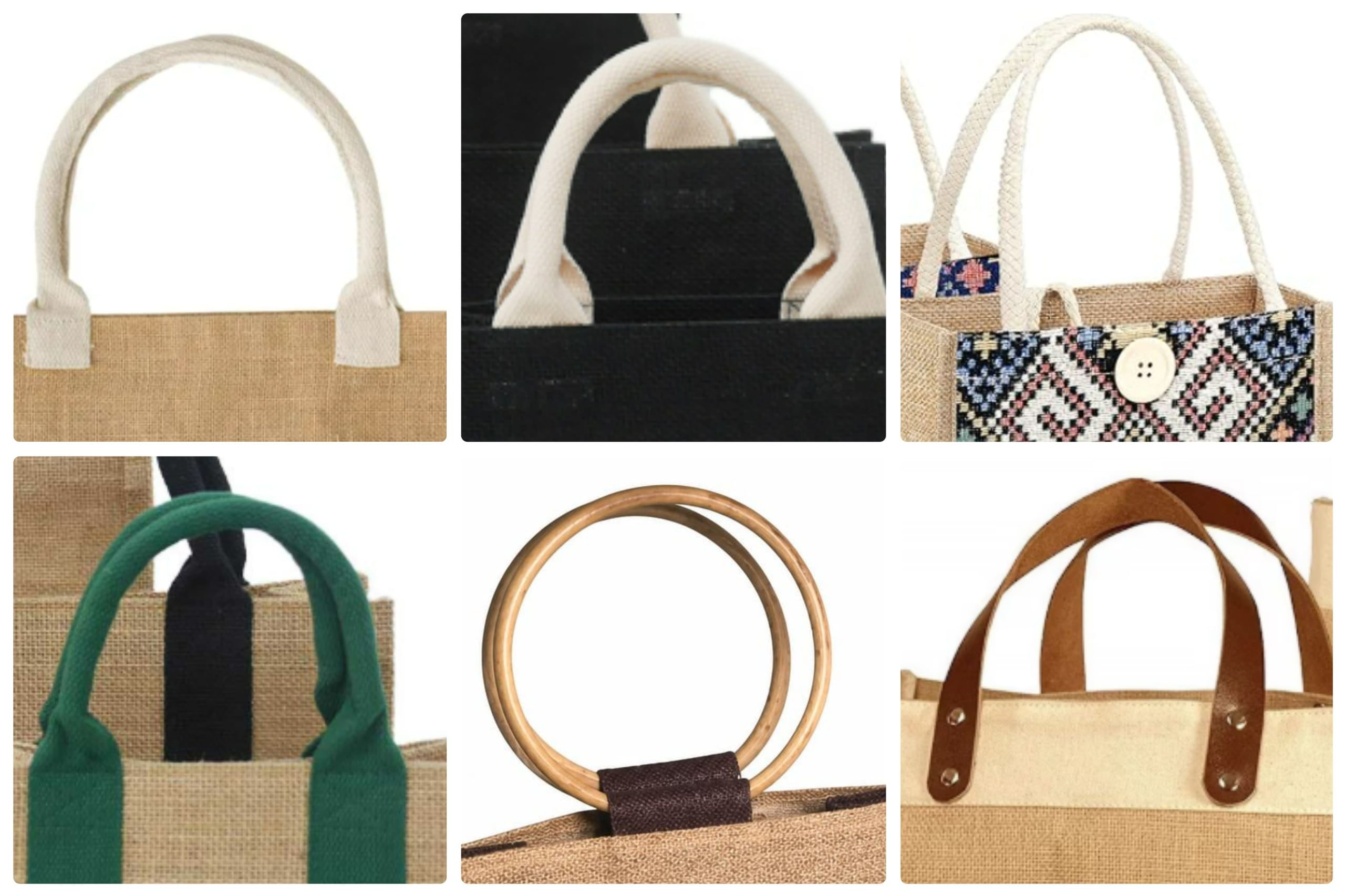 Various handle styles and reinforcement stitching on jute bags