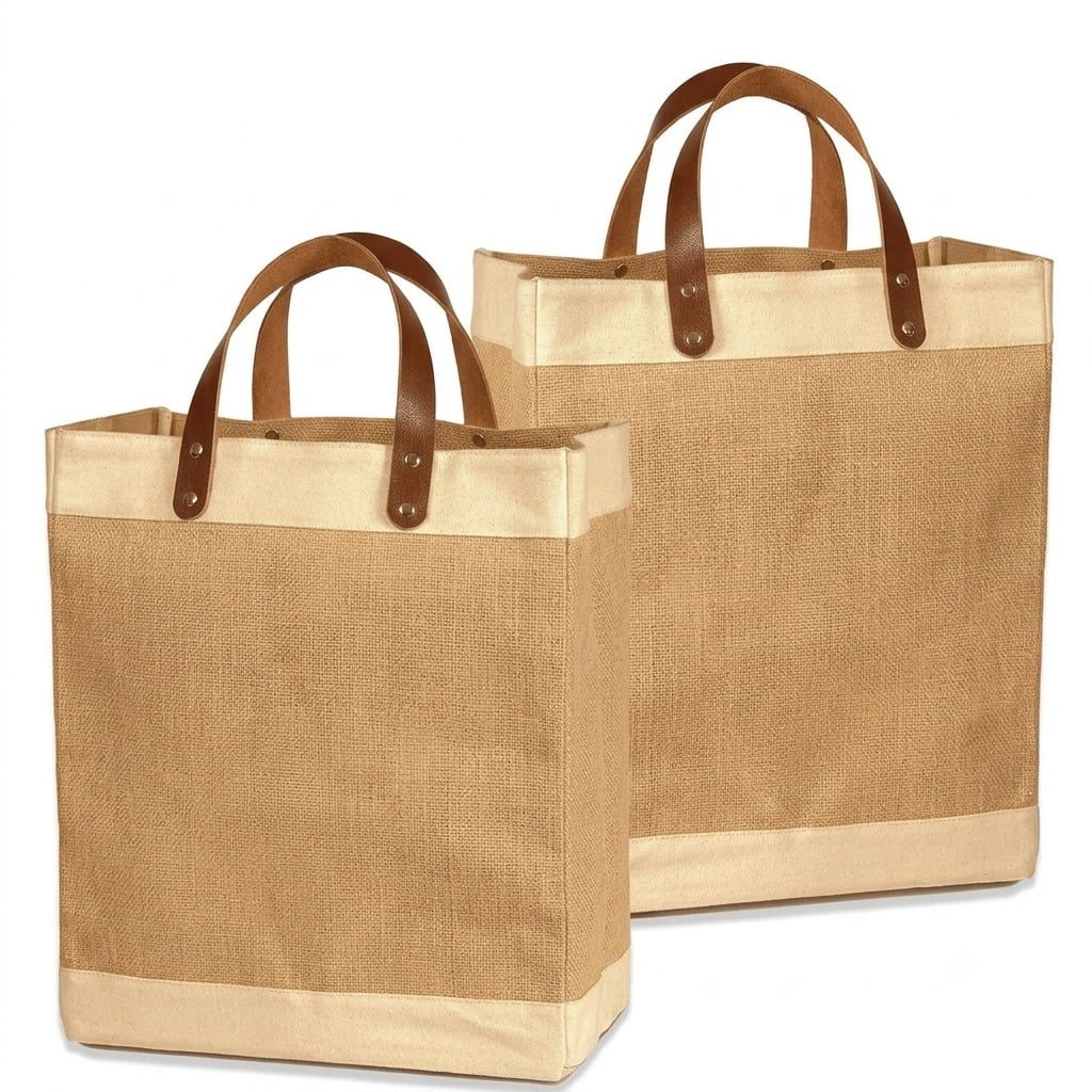 Jute Tote Bag with Leather Handles