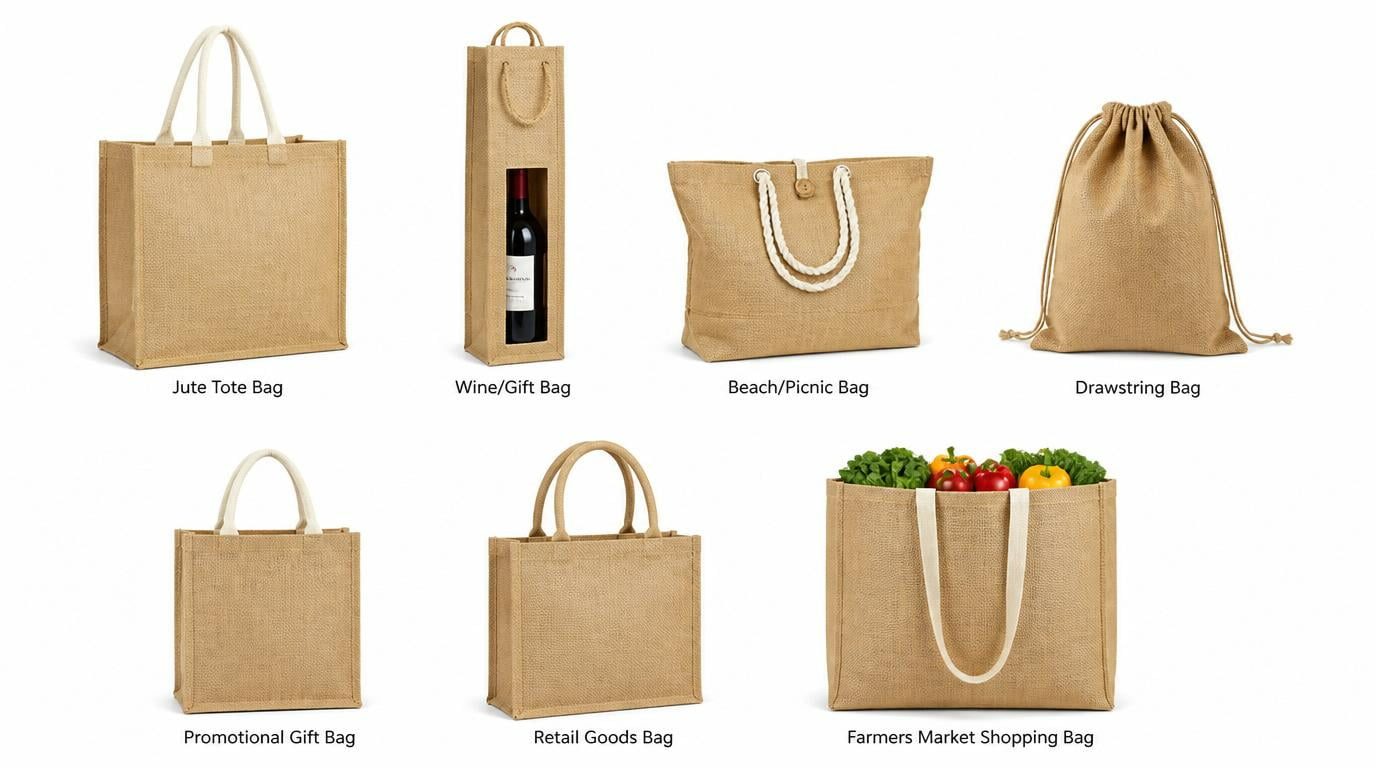 Various jute bag styles including tote, grocery, beach bag and wine bag