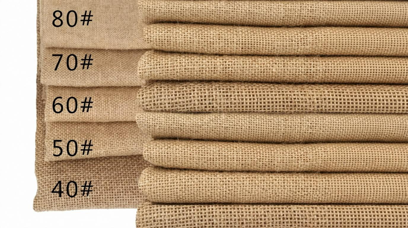 Natural jute fiber material swatches showing different weaves and textures