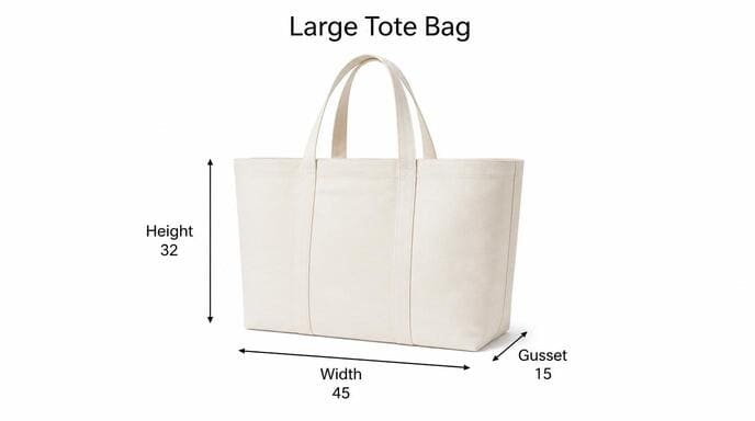 Large tote bag measurements showing width height and gusset