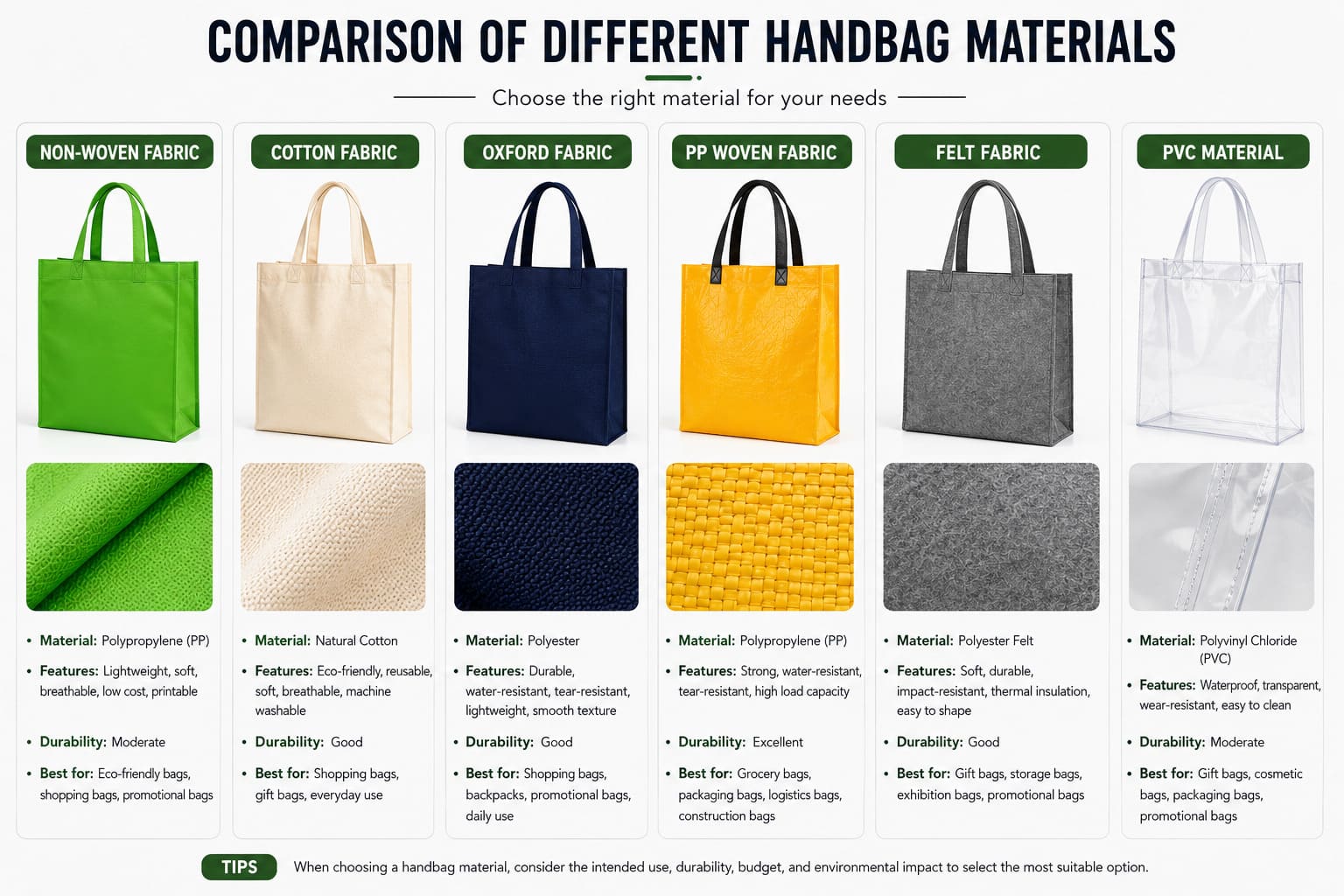 Side-by-side swatches of PP nonwoven, canvas, RPET, Oxford polyester, felt, PVC, kraft paper, nylon and Tyvek bag materials