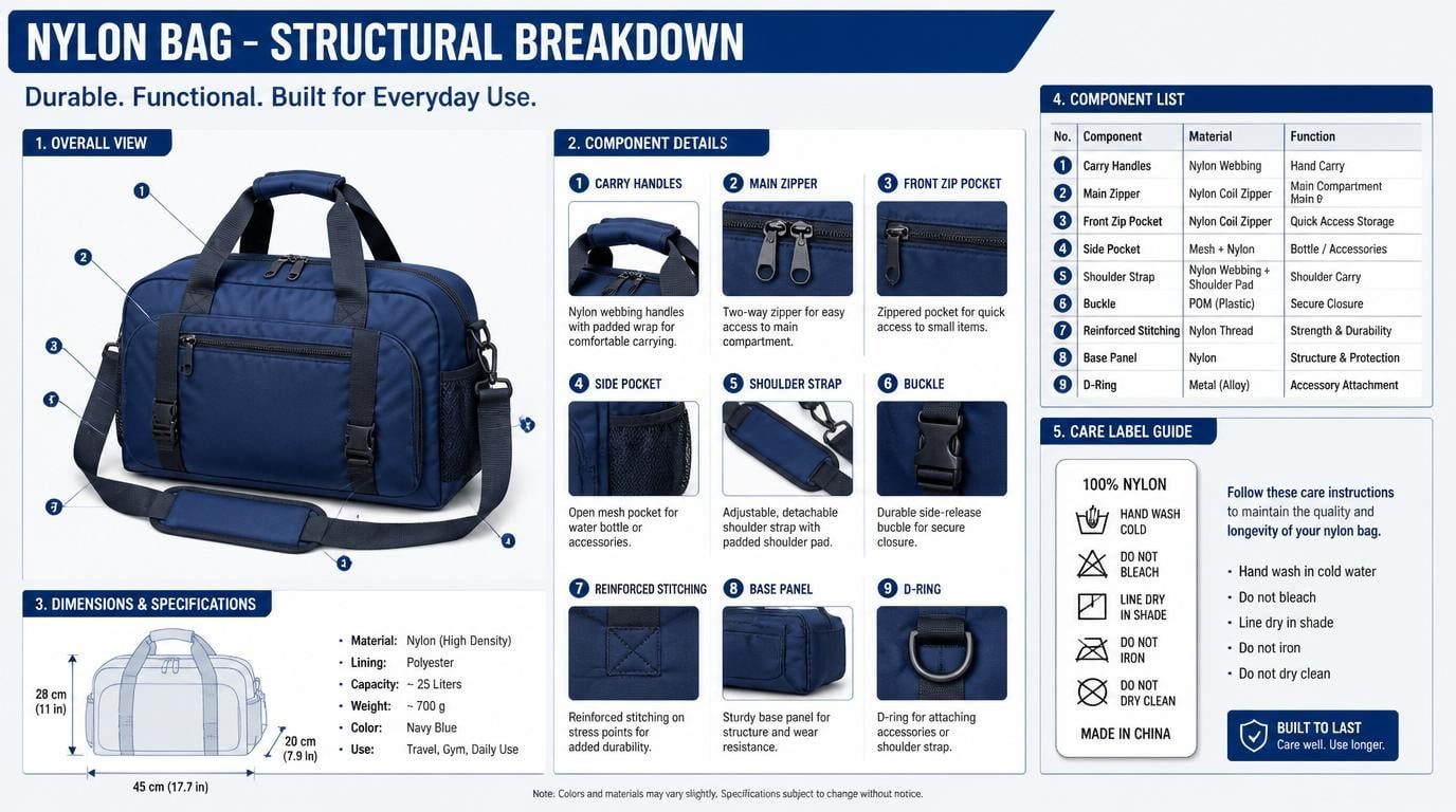 Nylon bag with zipper closure, inner lining, reinforced handles and multiple pockets