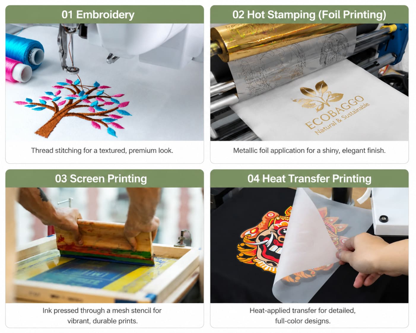 Custom printing techniques on cotton tote bags: screen print, DTG, and embroidery examples