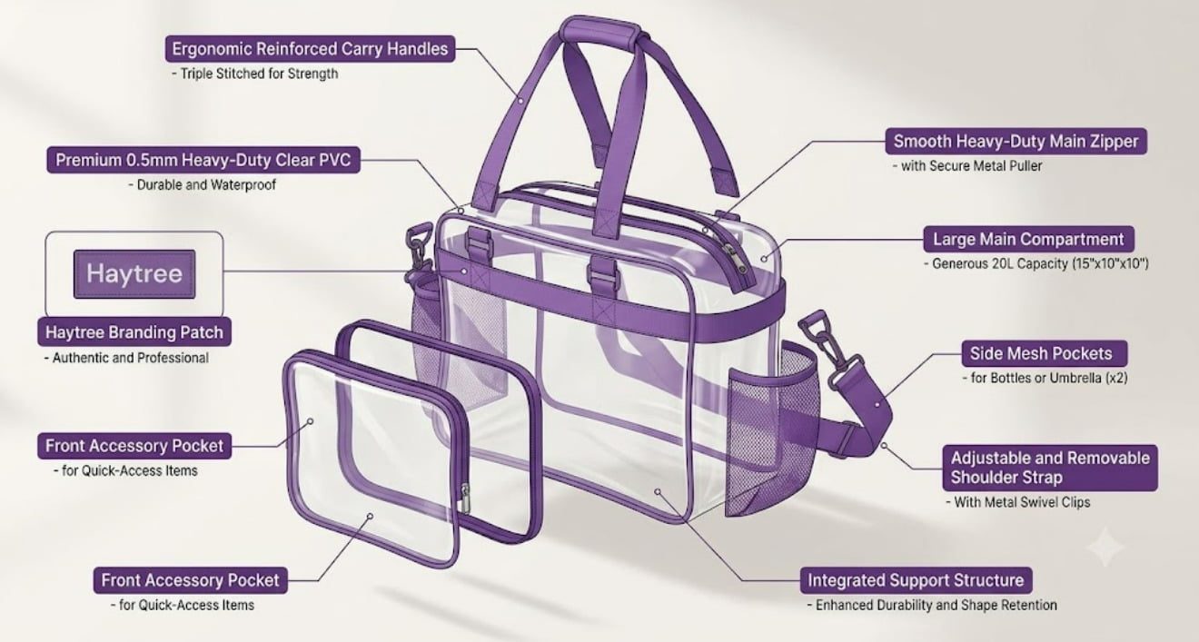 PVC bag with zipper closure, inner lining, reinforced handles and pockets