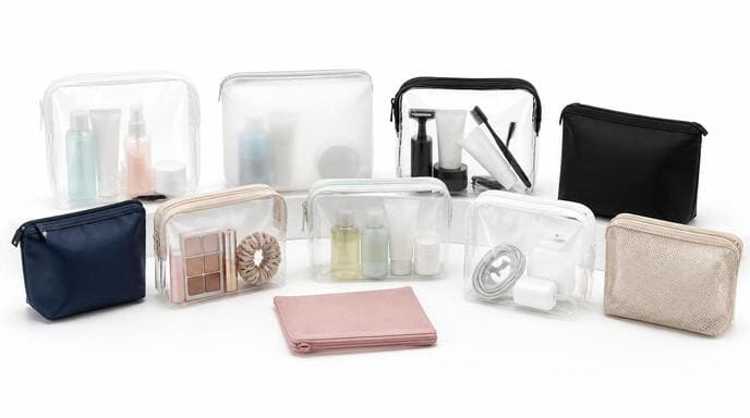 A collection of various transparent and opaque quart-sized bags, some filled with toiletries and small items, arranged neatly on a clean surface.