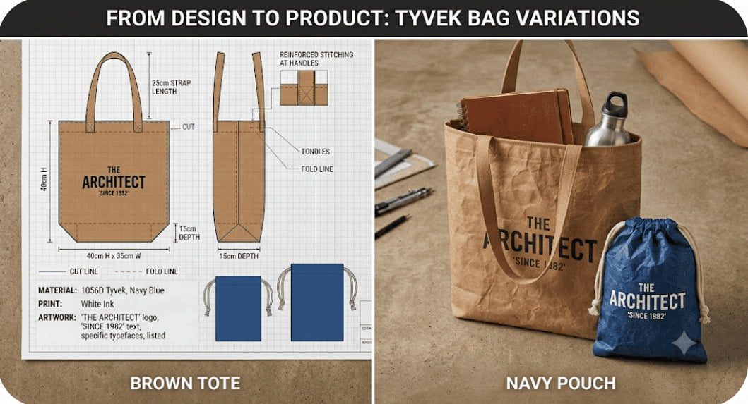 Technical diagram showing Tyvek bag size and structure customization