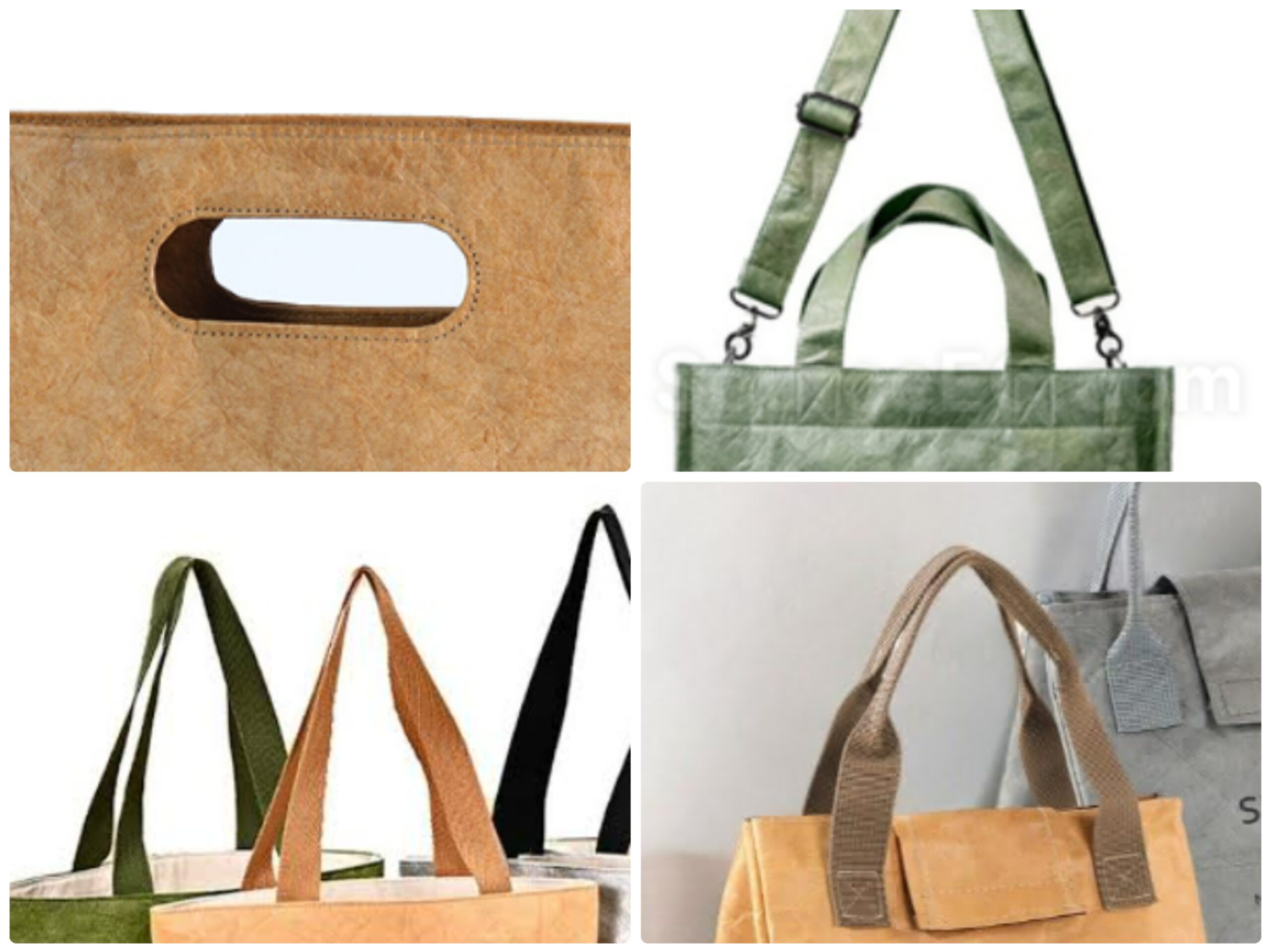 Various handle styles and reinforcement stitching on Tyvek bags