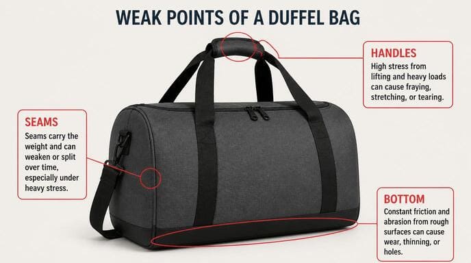 Diagram highlighting weak points of a duffel bag: handles, seams, bottom