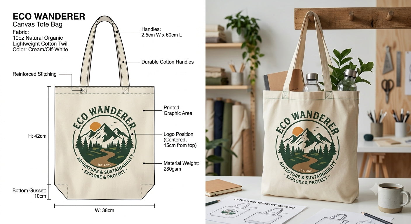 Custom woven labels, hangtags, and care labels attached to cotton bags