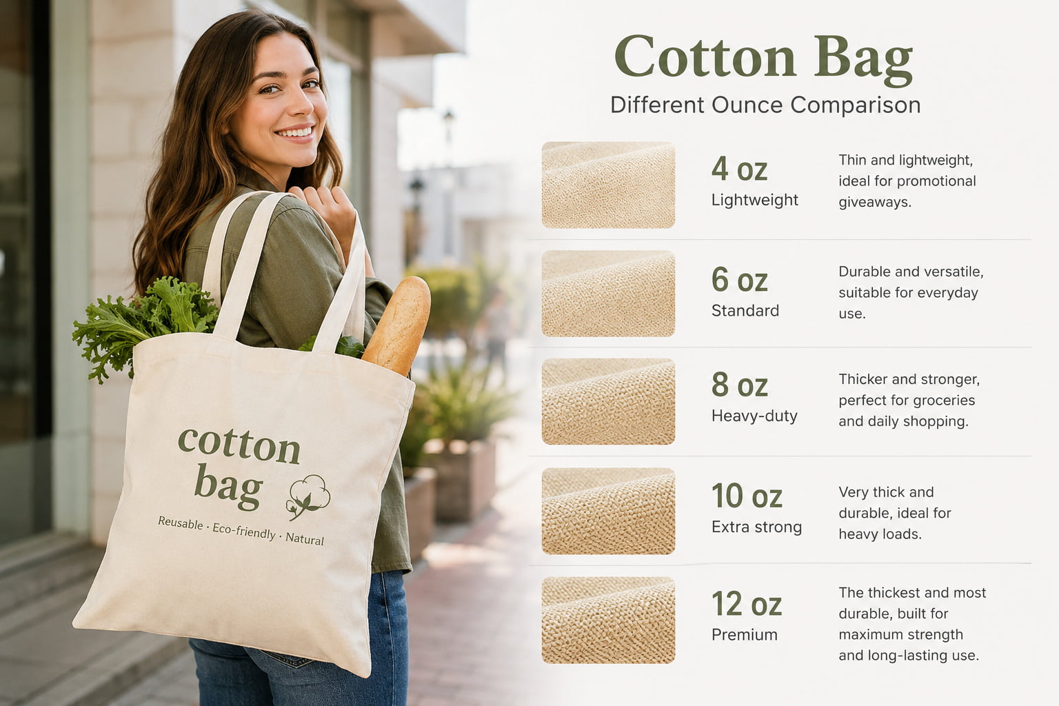 Cotton fabric weight comparison showing lightweight, midweight, and heavy-duty options