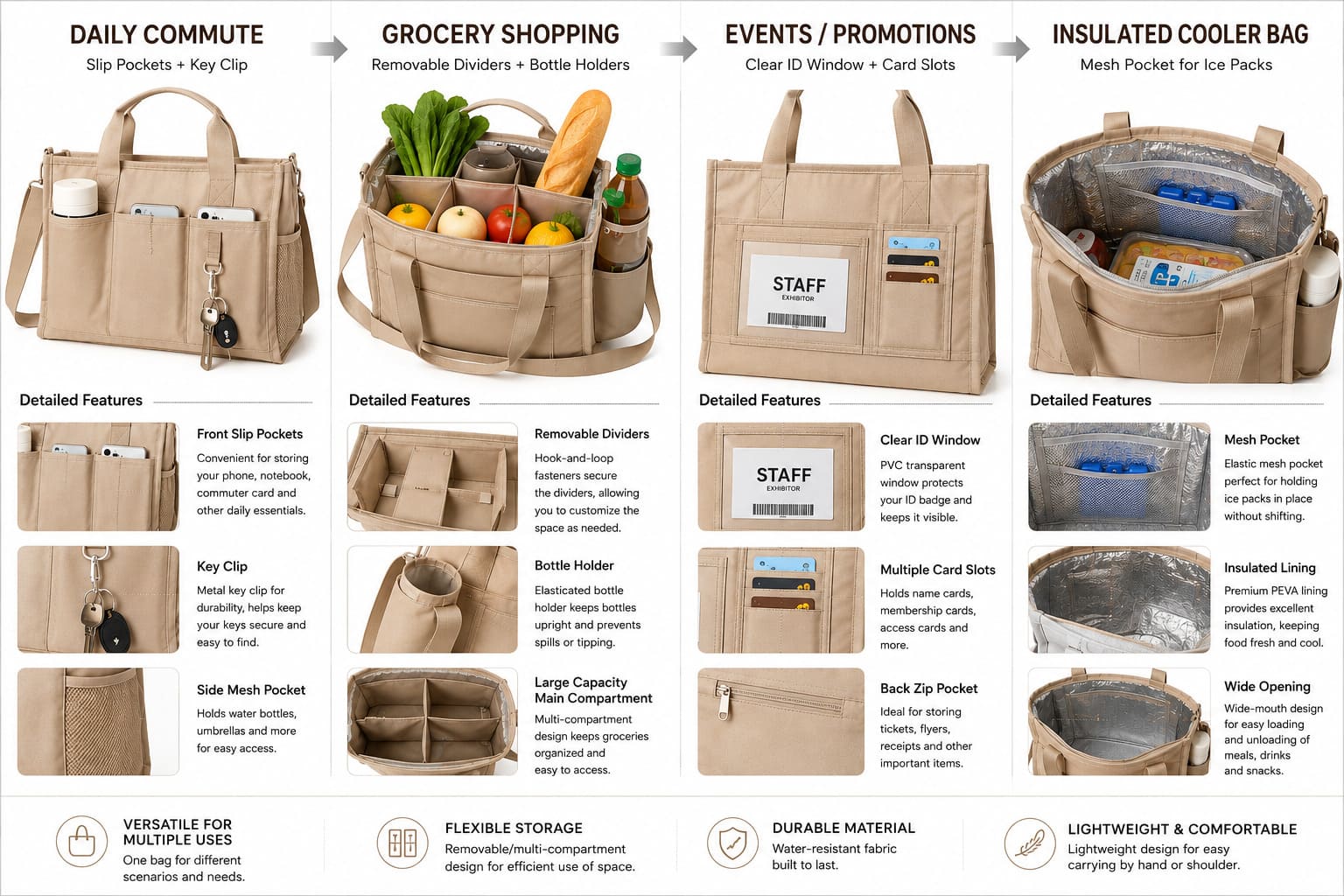 Bag interior organization options including pockets and dividers